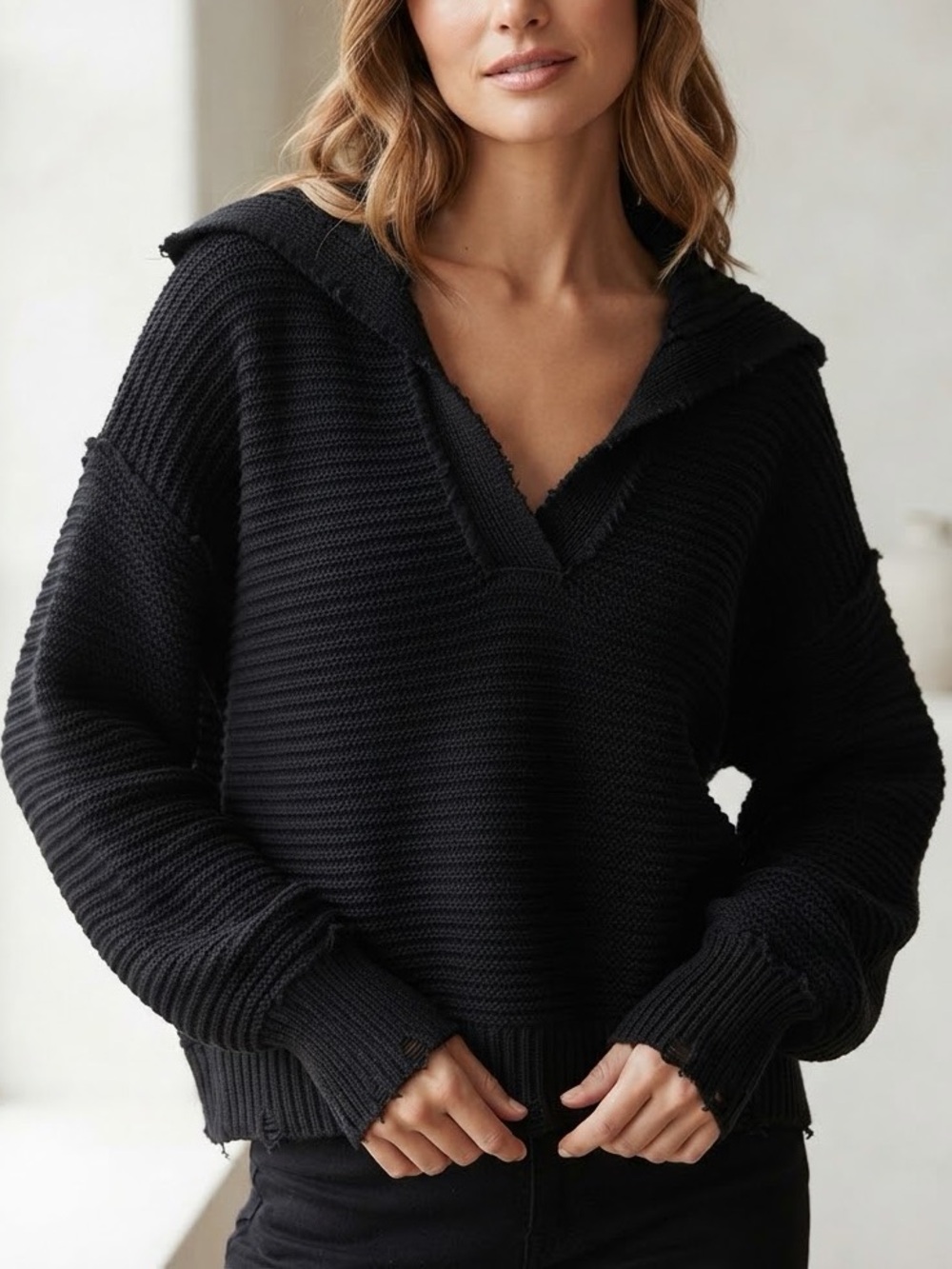 FREE PEOPLE Marlie Ribbed Knit V-Neck Sweater Size XS Black